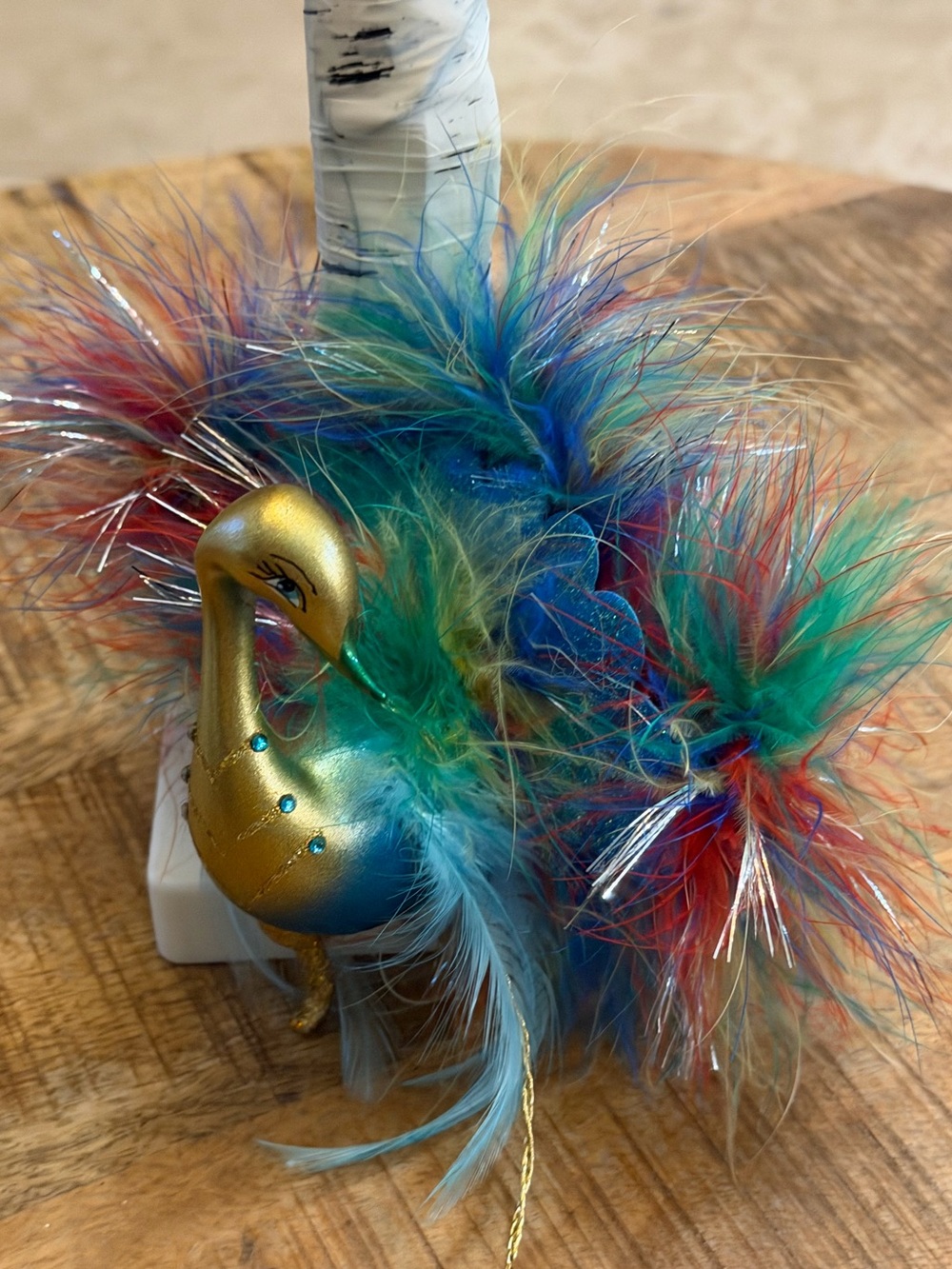 De Carlini Italy Peacock Bird Glass Christmas Ornament Hand Painted Feathers